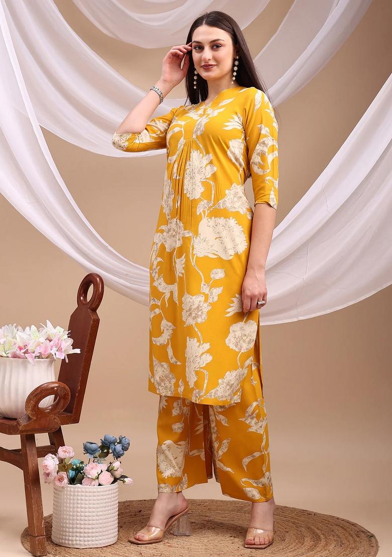 Yellow Embroidery Rayon Kurta Set - Indya