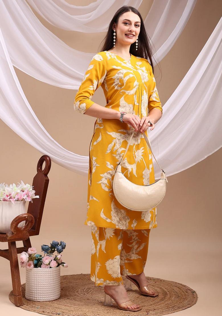 Yellow Embroidery Rayon Kurta Set - Indya