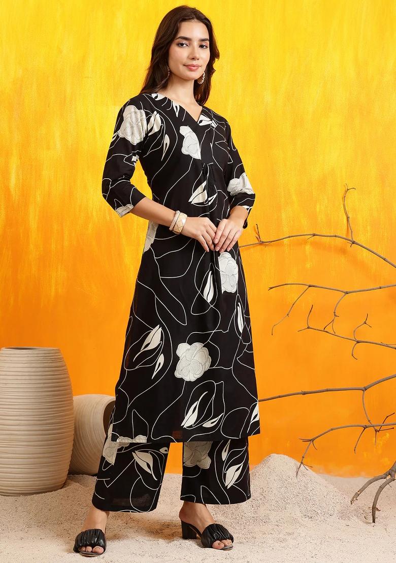 Black Embroidery Cotton Kurta Set - Indya