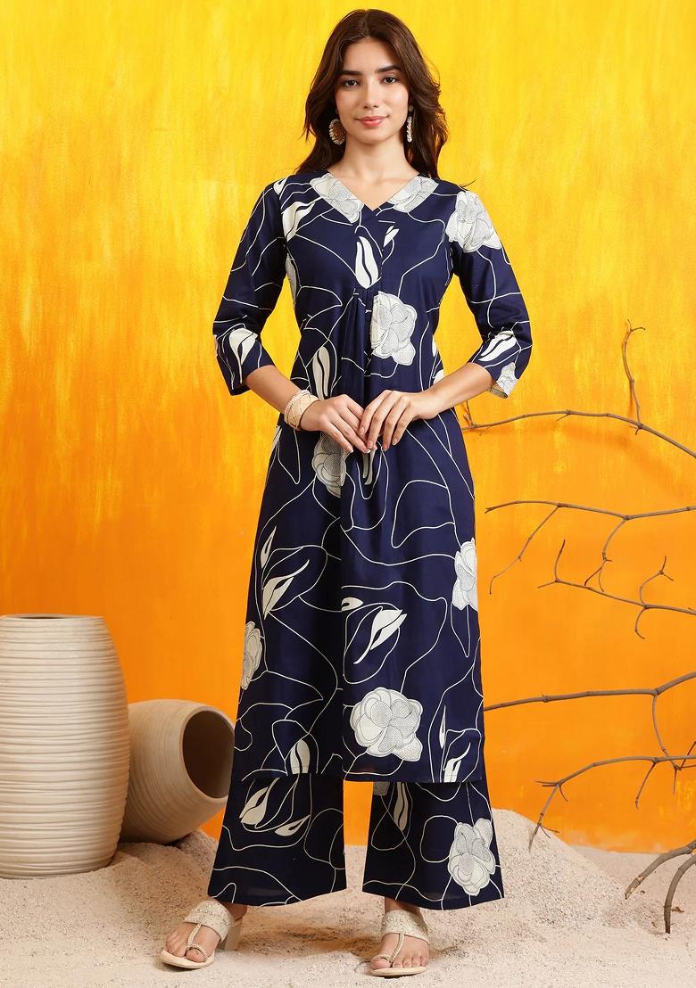Navy Blue Embroidery Cotton Kurta Set - Indya