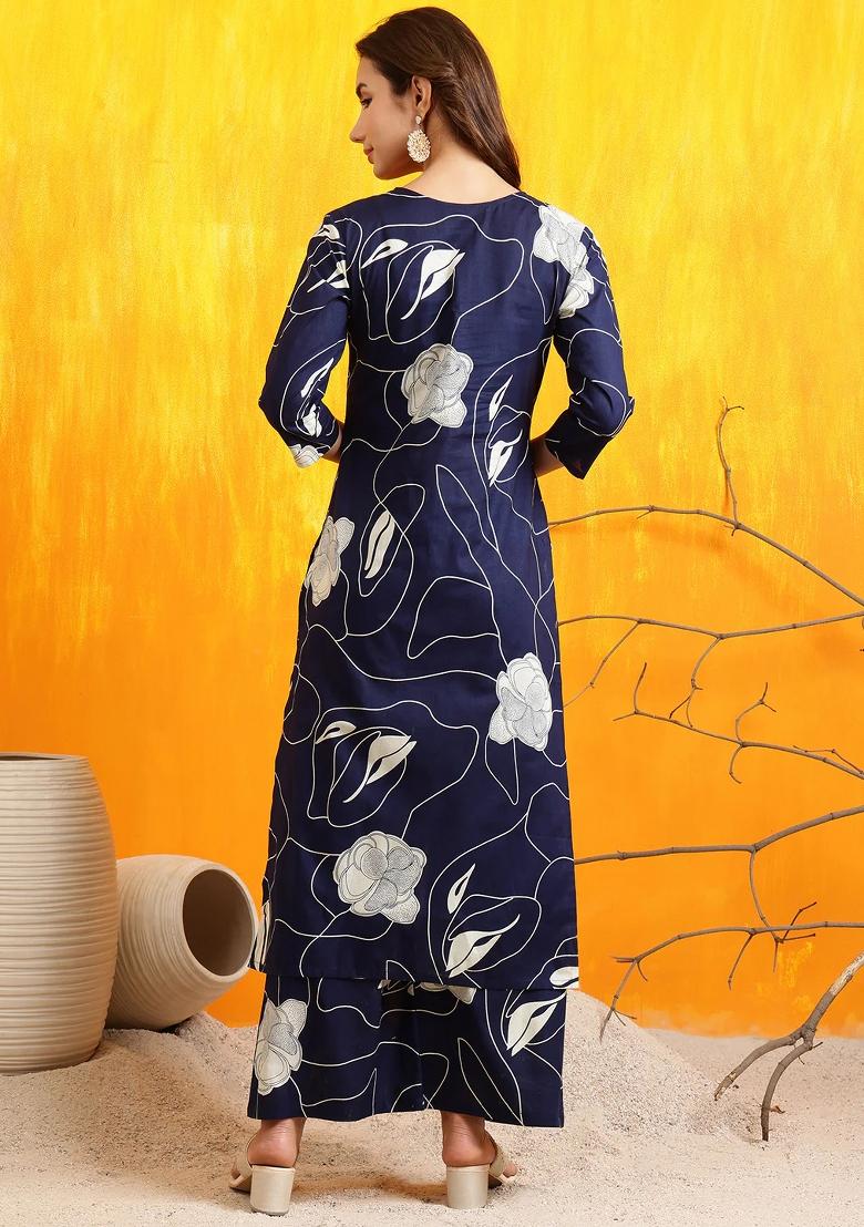 Navy Blue Embroidery Cotton Kurta Set - Indya
