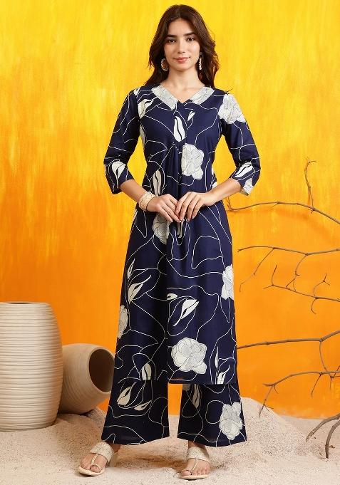 Navy Blue Embroidery Cotton Kurta Set