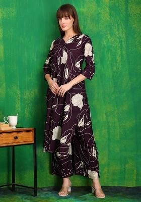 Wine Embroidery Cotton Kurta Set