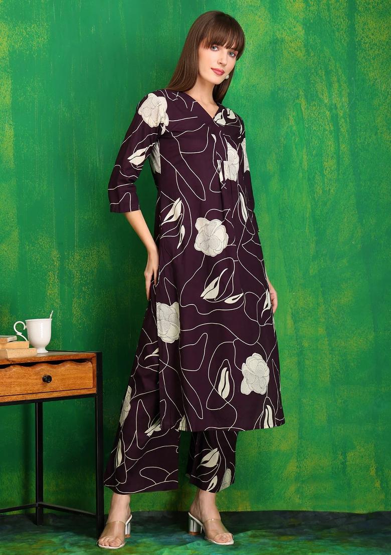 Wine Embroidery Cotton Kurta Set - Indya