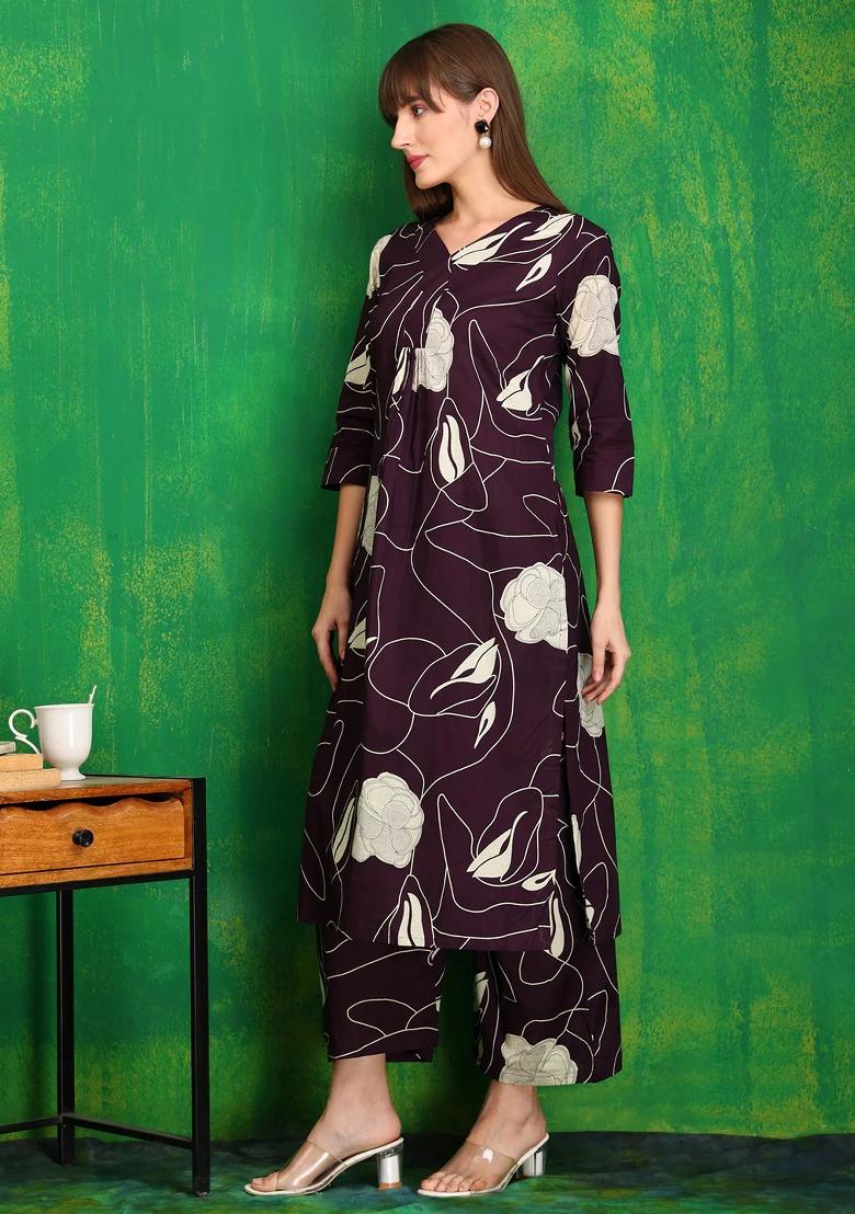 Wine Embroidery Cotton Kurta Set - Indya