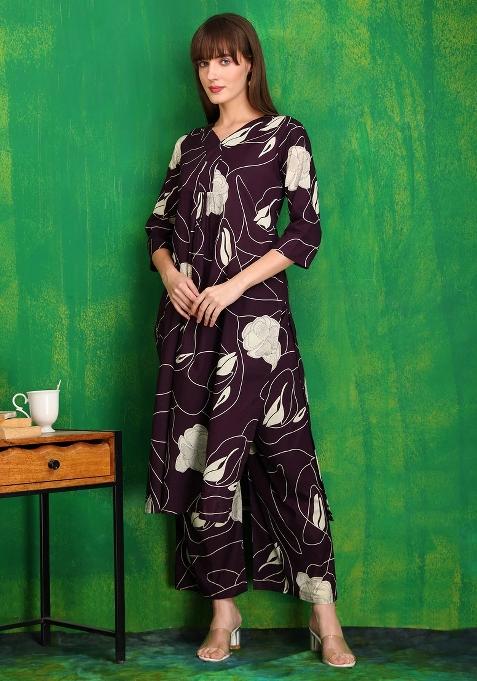 Wine Embroidery Cotton Kurta Set
