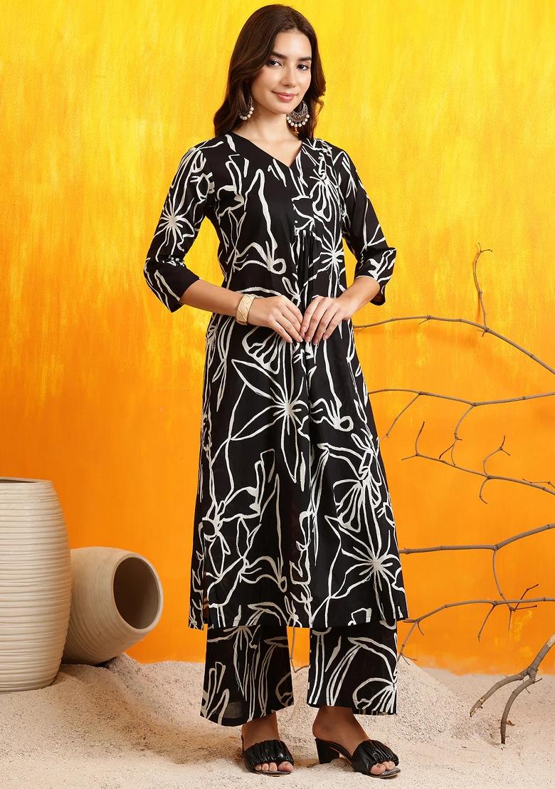Black Embroidery Cotton Kurta Set - Indya