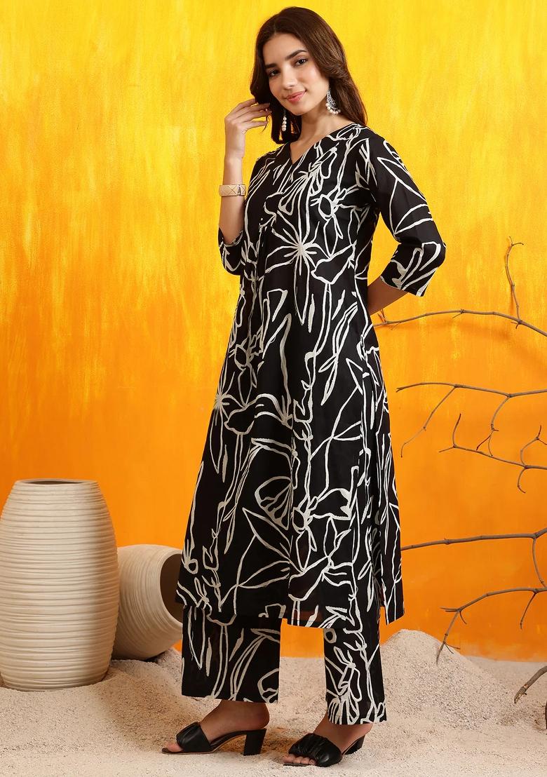 Black Embroidery Cotton Kurta Set - Indya
