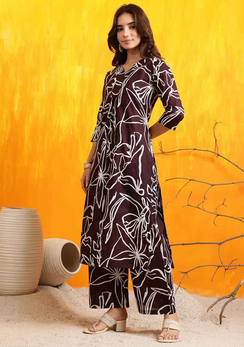 Wine Embroidery Cotton Kurta Set - Indya