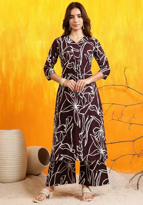 Wine Embroidery Cotton Kurta Set