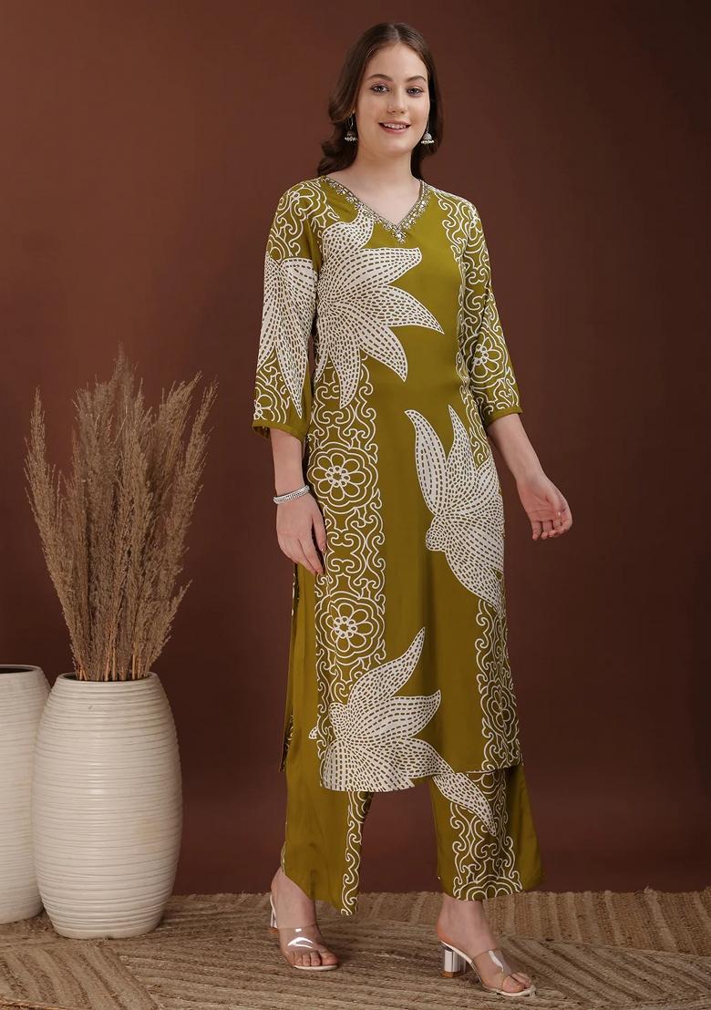 Olive Embroidery Rayon Kurta Set - Indya