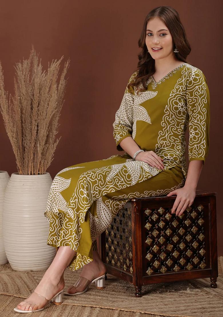 Olive Embroidery Rayon Kurta Set - Indya