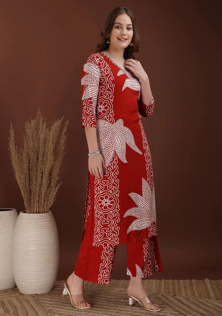 Rust Embroidery Rayon Kurta Set - Indya