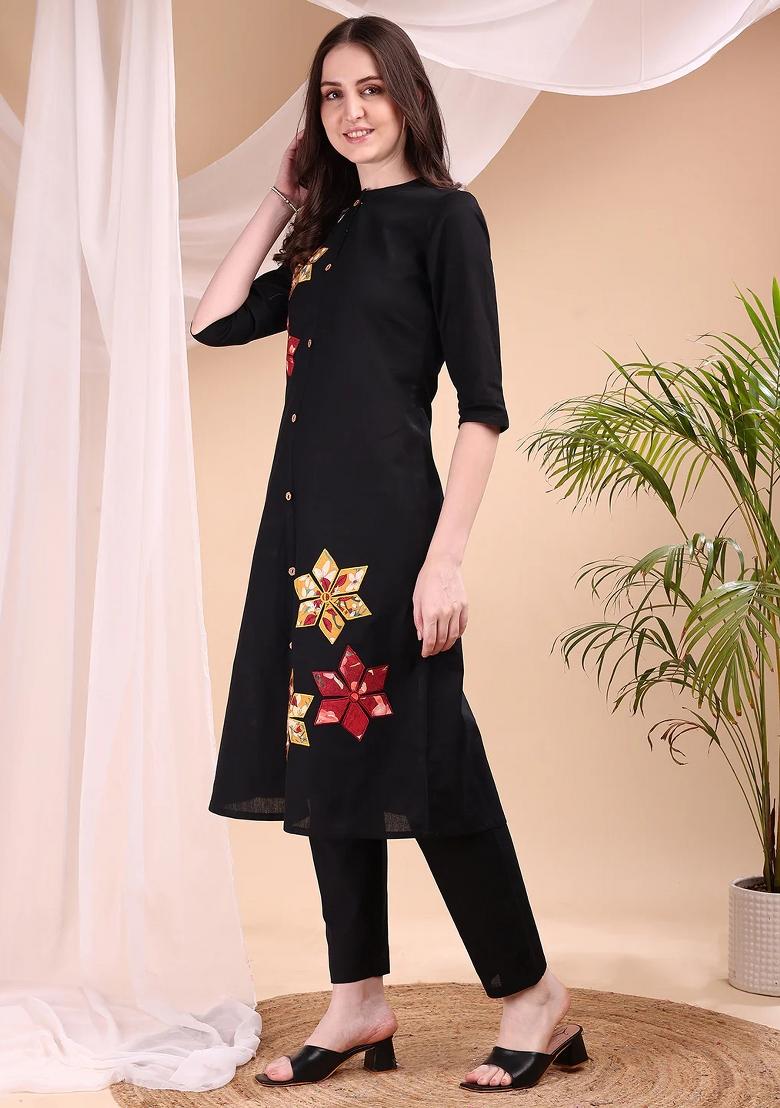 Black Embroidery Cotton Kurta Set - Indya