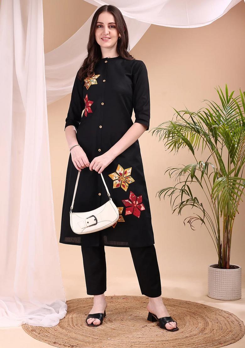 Black Embroidery Cotton Kurta Set - Indya