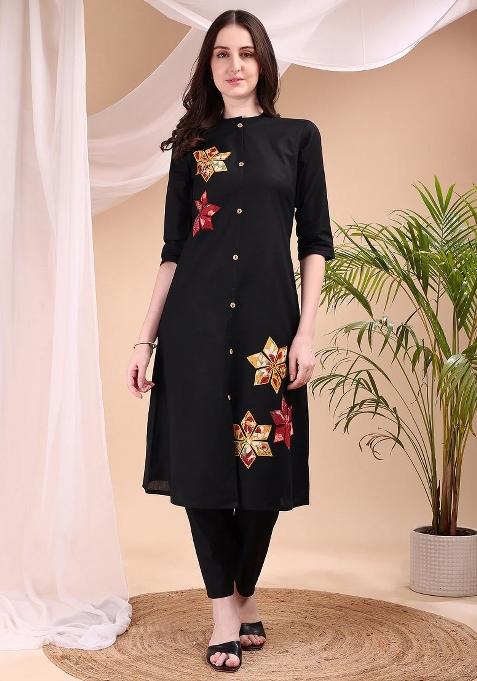 Black Embroidery Cotton Kurta Set