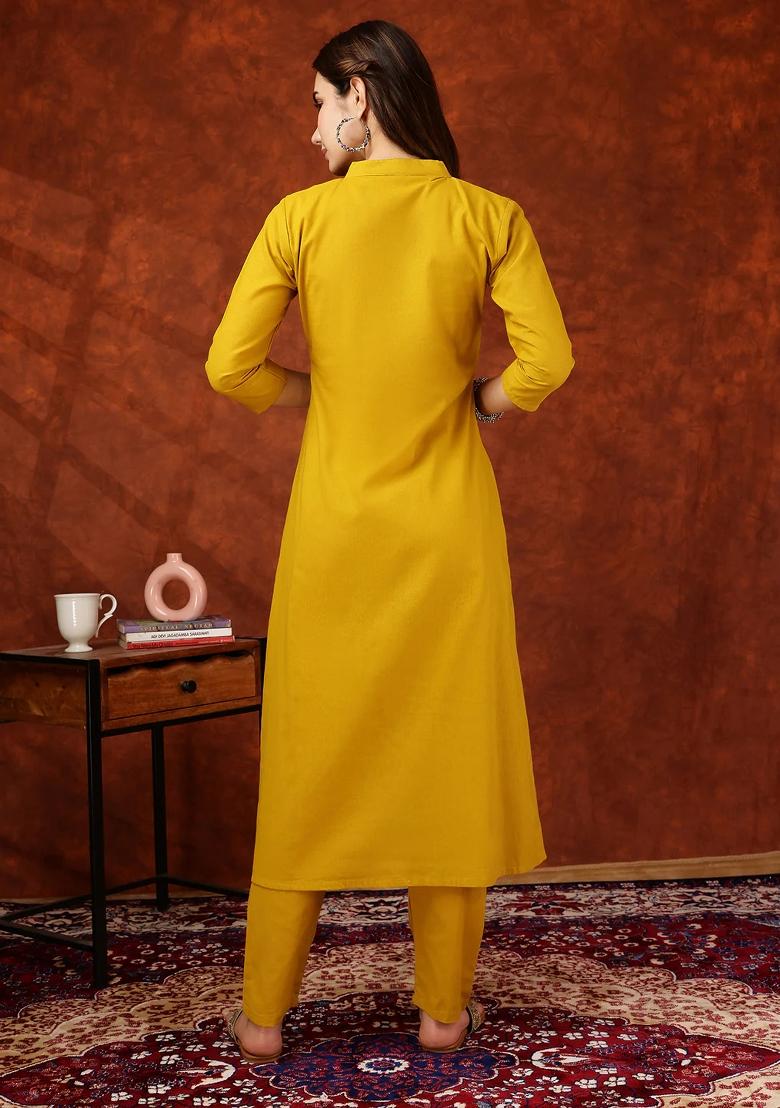 Mustard Embroidery Cotton Kurta Set - Indya