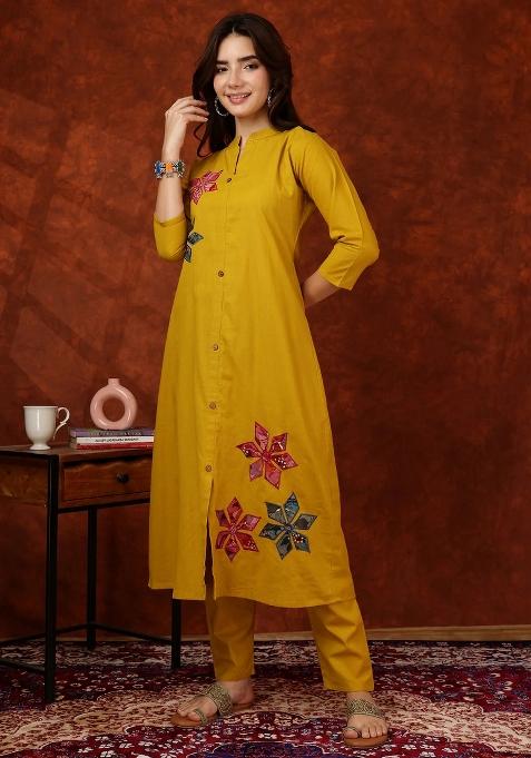 Mustard Embroidery Cotton Kurta Set