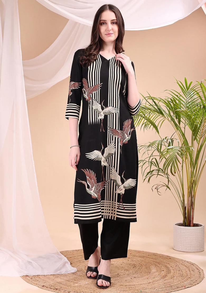 Black Embroidery Rayon Kurta Set - Indya