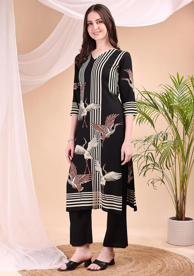 Black Embroidery Rayon Kurta Set - Indya