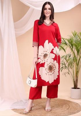 Red Embroidery Rayon Kurta Set