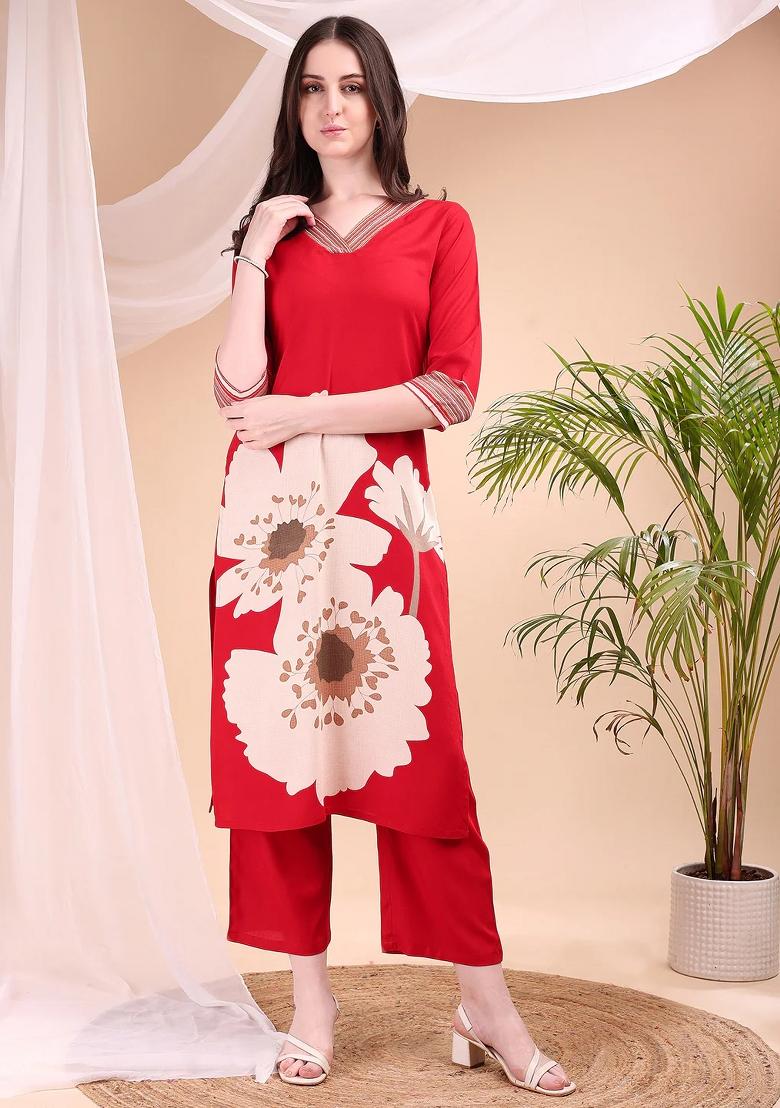 Red Embroidery Rayon Kurta Set - Indya