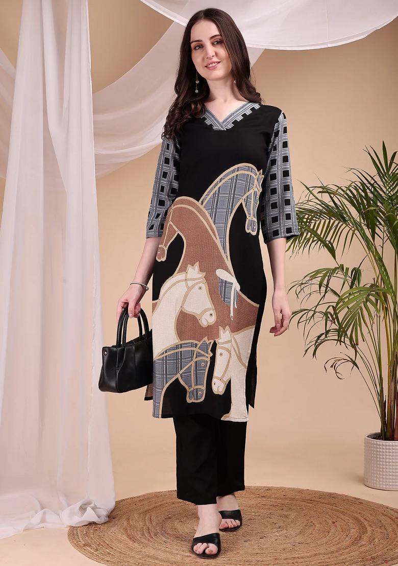 Black Embroidery Rayon Kurta Set - Indya