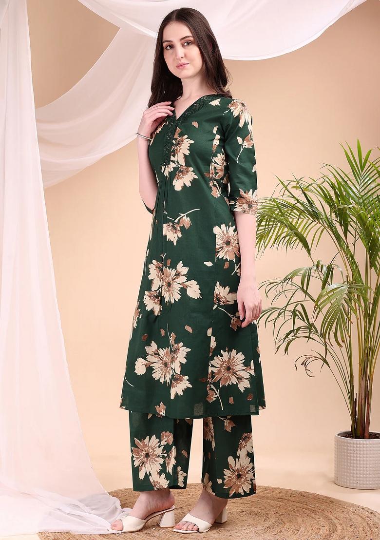 Green Embroidery Cotton Kurta Set - Indya