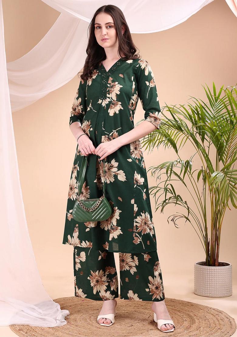 Green Embroidery Cotton Kurta Set - Indya