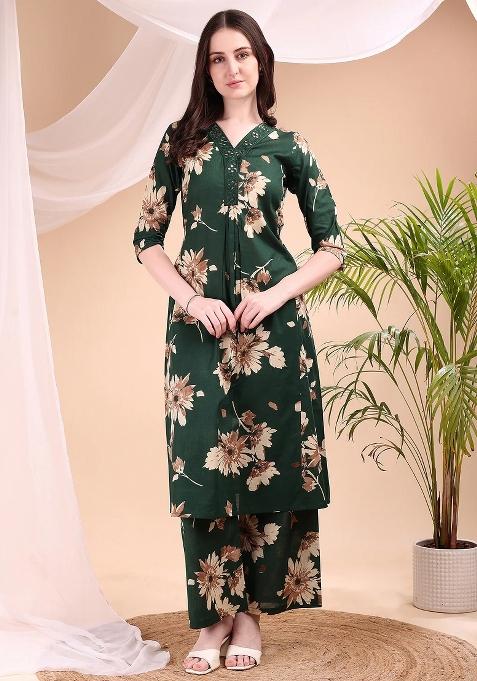 Green Embroidery Cotton Kurta Set