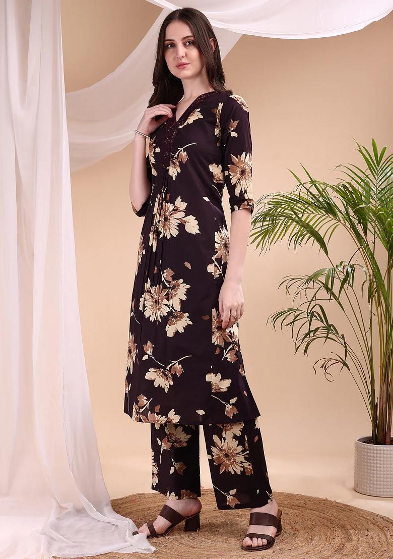 Wine Embroidery Cotton Kurta Set - Indya