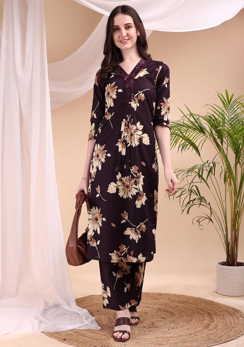 Wine Embroidery Cotton Kurta Set - Indya