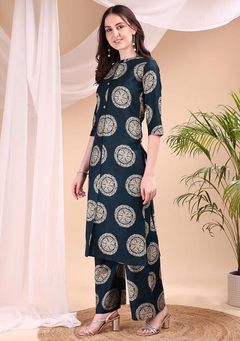 Teal Blue Embroidery Silk Kurta Set - Indya