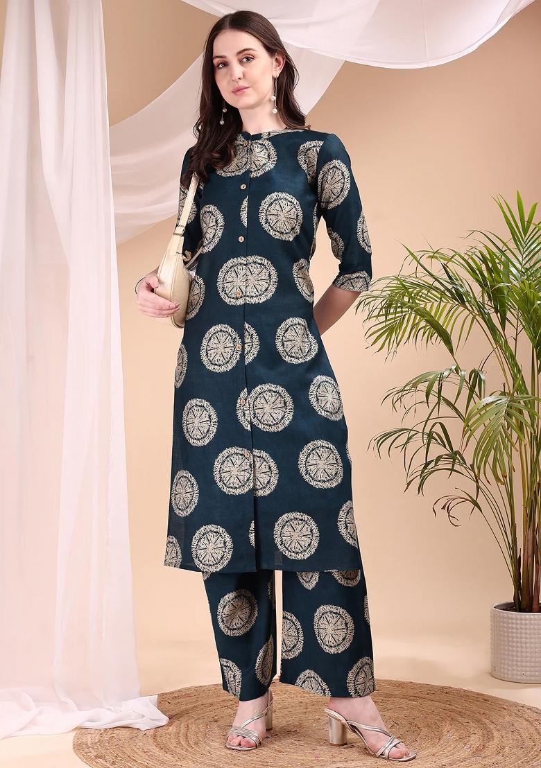 Teal Blue Embroidery Silk Kurta Set - Indya