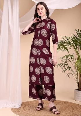 Wine Embroidery Silk Kurta Set