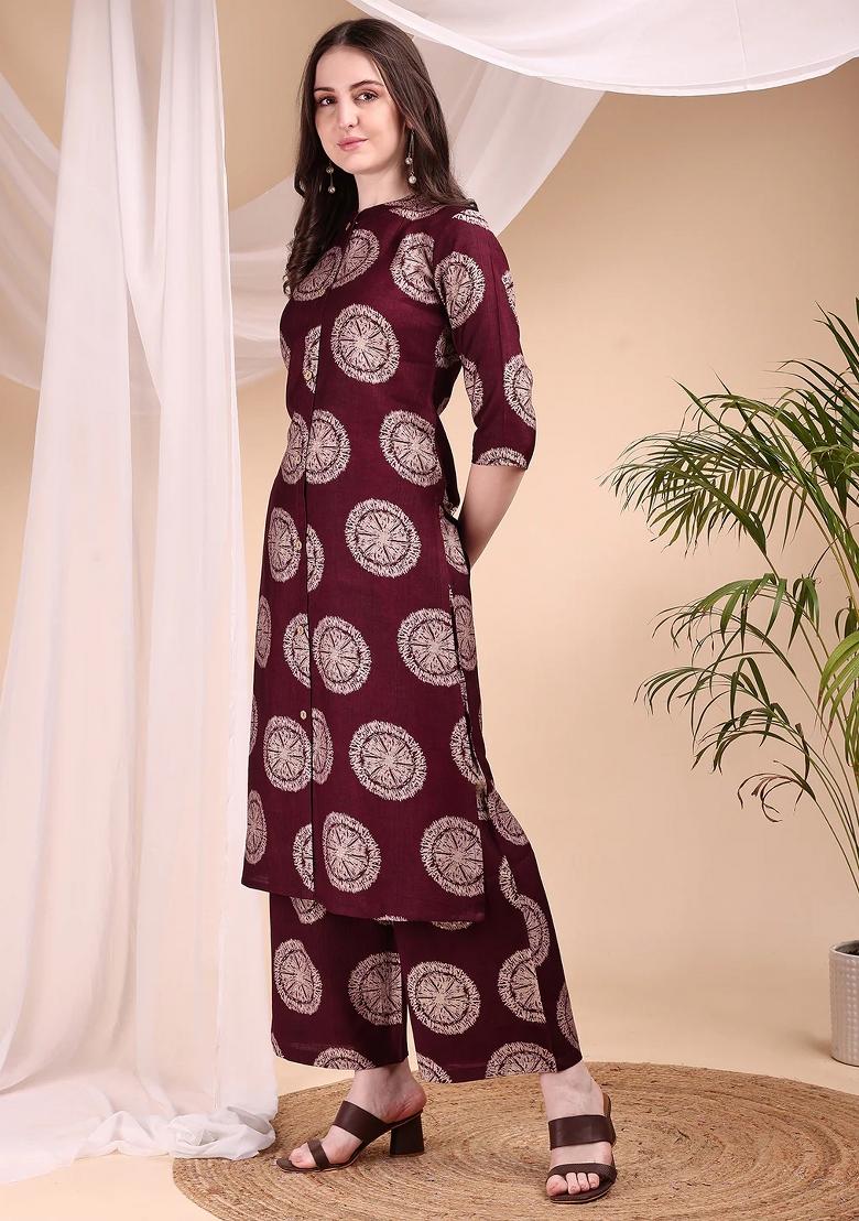 Wine Embroidery Silk Kurta Set - Indya