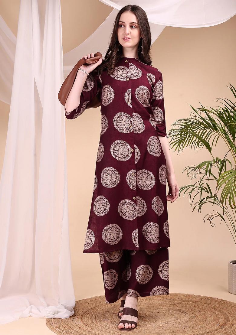 Wine Embroidery Silk Kurta Set - Indya