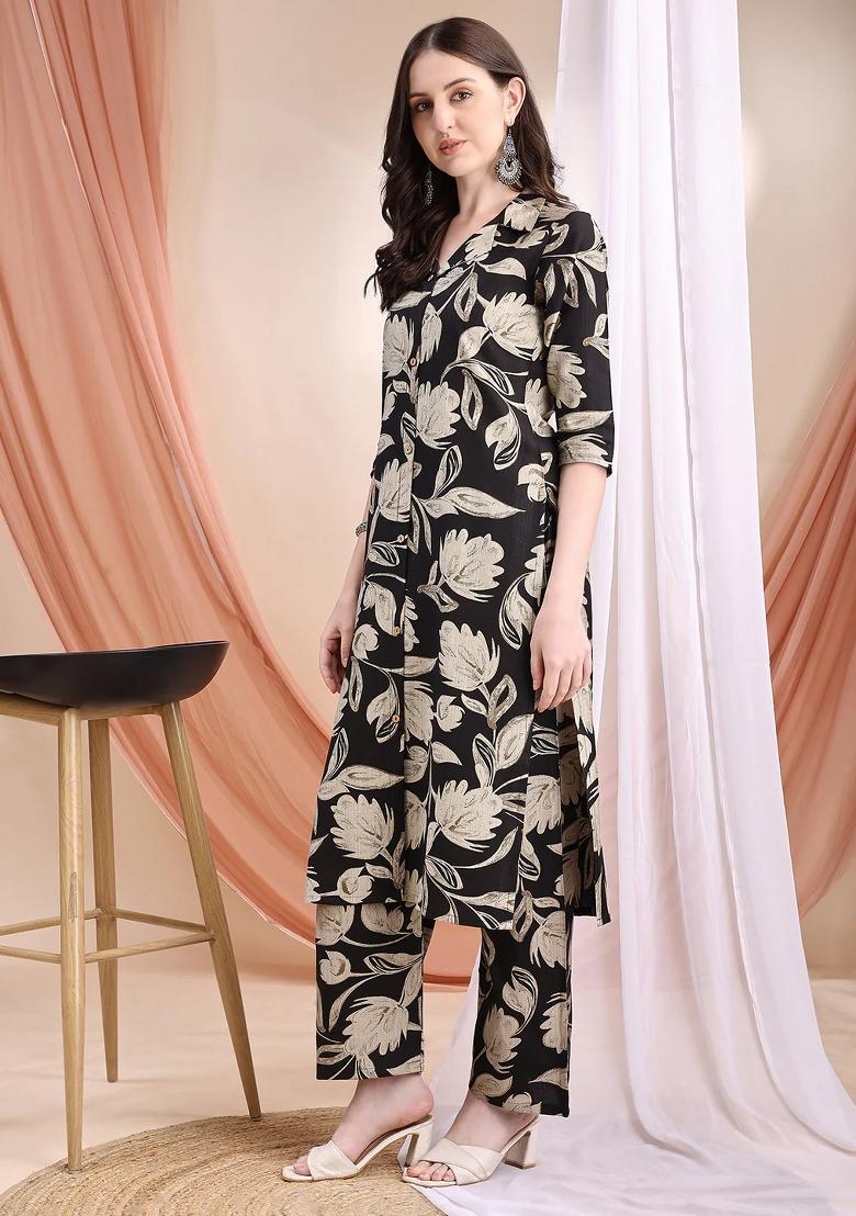 Black Embroidery Silk Kurta Set - Indya