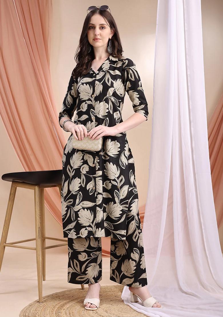 Black Embroidery Silk Kurta Set - Indya