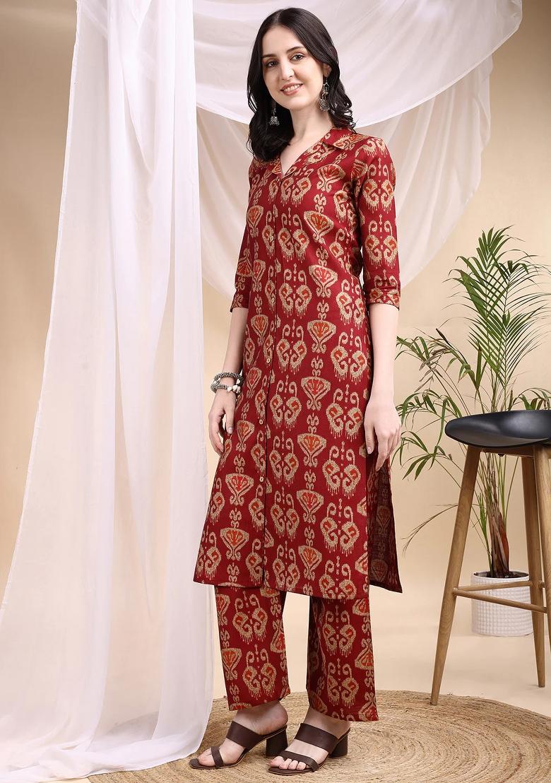 Maroon Embroidery Silk Kurta Set - Indya