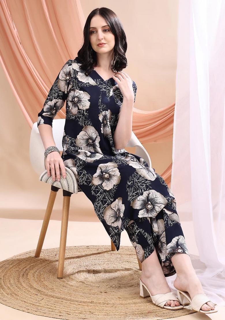 Navy Blue Embroidery Rayon Kurta Set - Indya