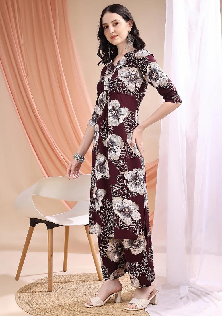 Wine Embroidery Rayon Kurta Set - Indya