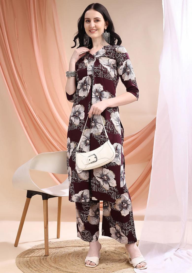 Wine Embroidery Rayon Kurta Set - Indya