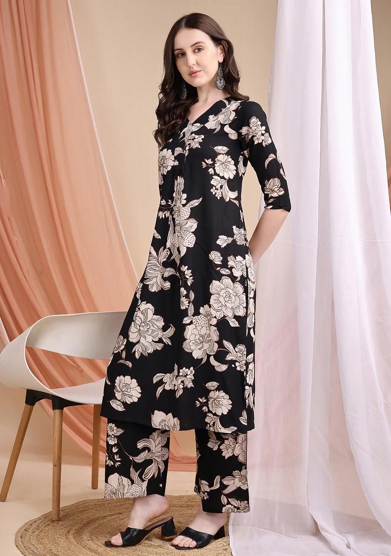 Black Embroidery Rayon Kurta Set - Indya