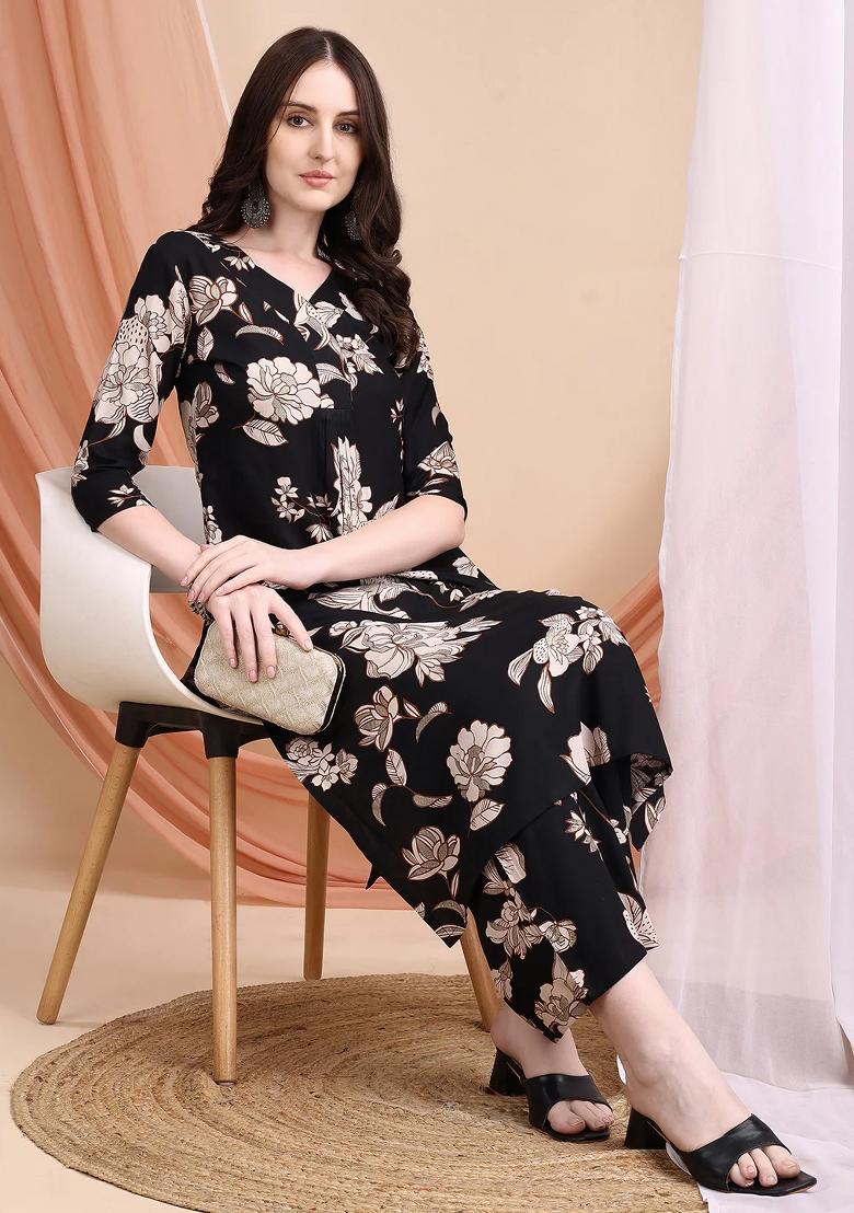 Black Embroidery Rayon Kurta Set - Indya