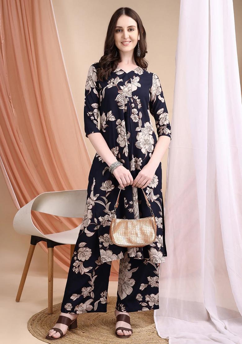 Navy Blue Embroidery Rayon Kurta Set - Indya