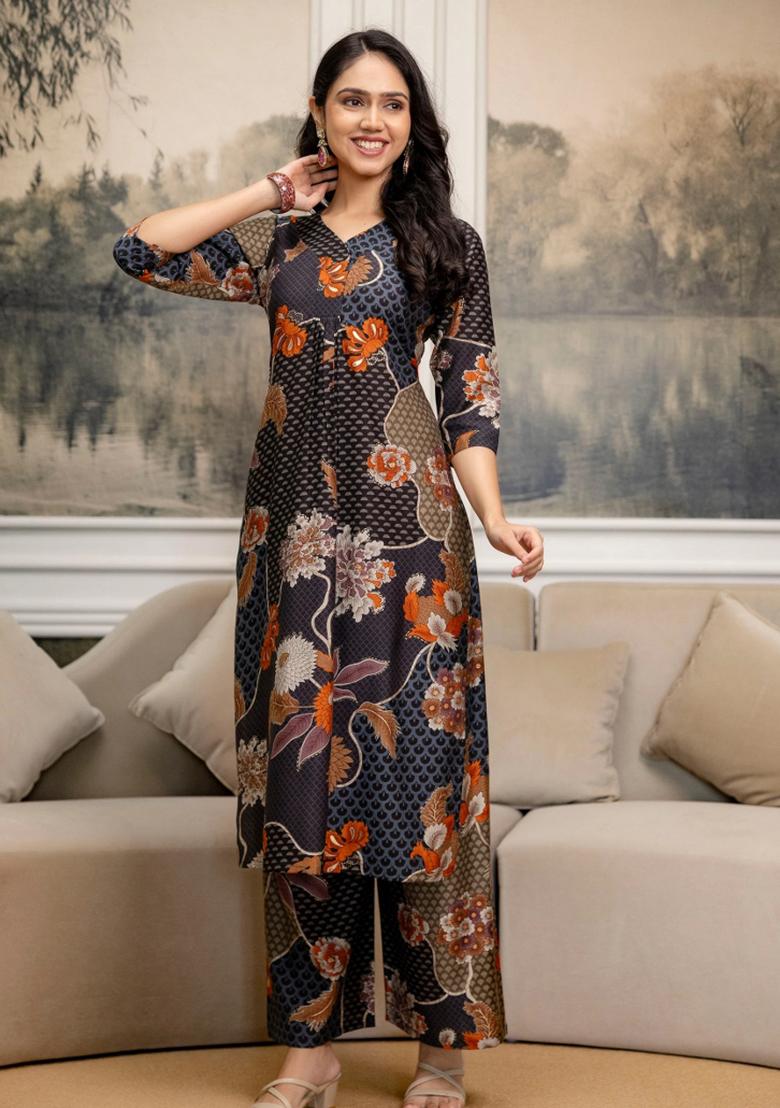 Grey Embroidery Silk Kurta Set - Indya