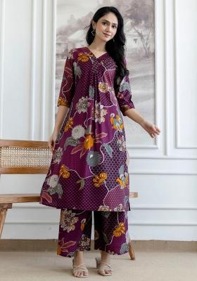 Purple Embroidery Silk Kurta Set