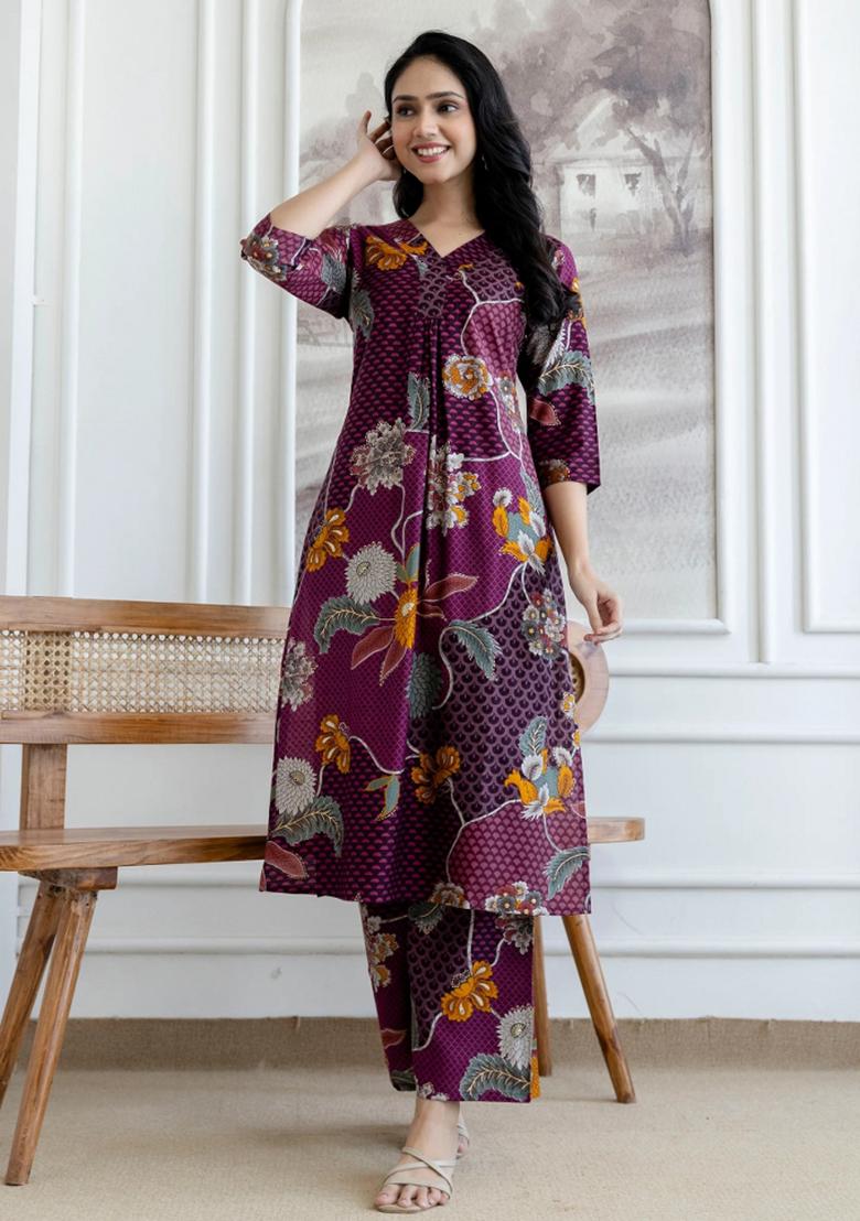 Purple Embroidery Silk Kurta Set - Indya