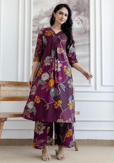 Purple Embroidery Silk Kurta Set